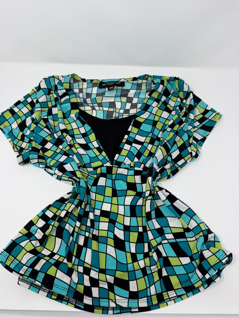 Briggs New York Petite Geometric V-Neck Tunic in Teal, Black & Lime